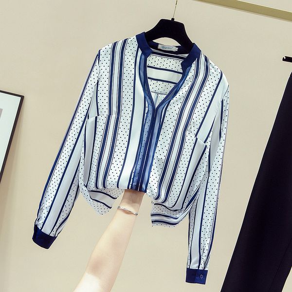 

new 2020 autumn women's v neck long sleeves dot and stripe shirt office ladies all-match chiffon shirts blouse a3703, White