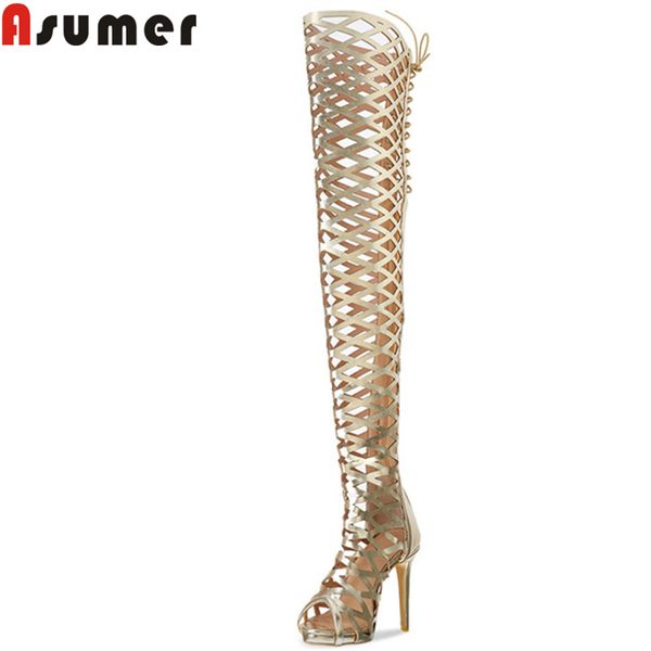 

asumer 2020 new summer shoes woman peep toe zip cross tied high heels prom shoes hollow out over the knee boots, Black