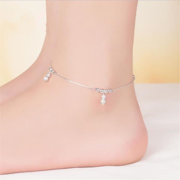 

kofsac new fashion foot jewelry 925 sterling silver chain link anklet for women beaded gourd summer beach ankles foot bracelet, Red;blue