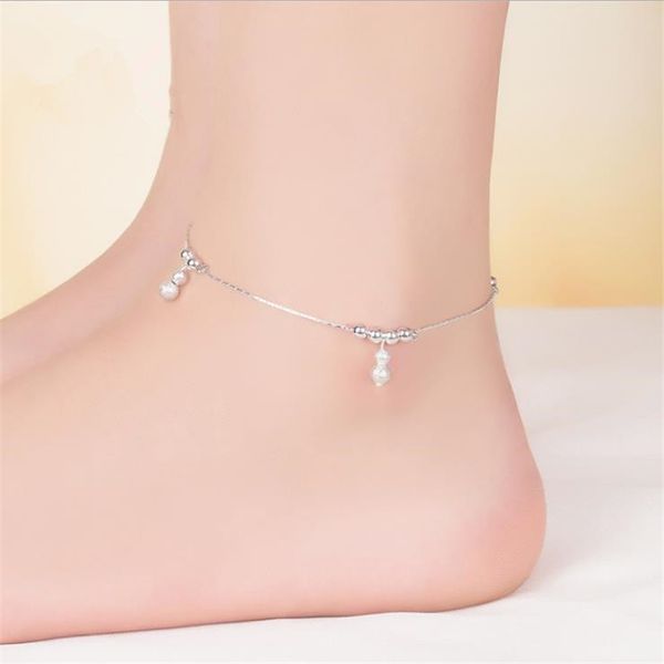 

kofsac new fashion foot jewelry 925 sterling silver chain link anklet for women beaded gourd summer beach ankles foot bracelet, Red;blue