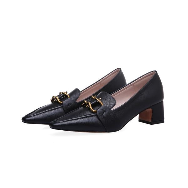 

small square low-women's genuine leather shoes lady shoes wild chunky-heel metal spring summer and fall button fashion, Black