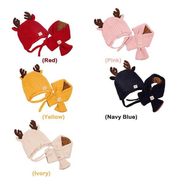 

jocestyle 6-36 months baby 2pcs baby knitted hat scarf coral fleece winter warm cute antlers neck warmer cap suit, Yellow