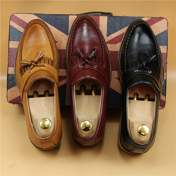 

new trend men fashion tassel decorated leather loafers british style vintage slip on leather moccasins flats men oxford shoes, Black