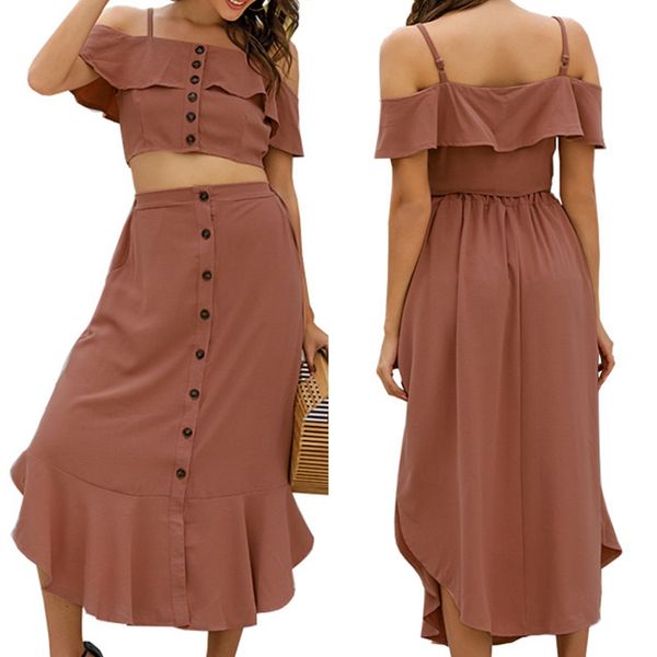 

women two piece set slash neck ruffle crop +split long beach maxi skirts suit, Gray