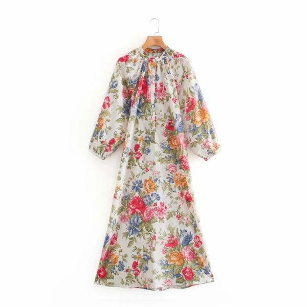 

women flower printing stand collar loose midi dress femme nine quarter sleeve shirtwaist dresses casual ladies clothes d6029, Black;gray