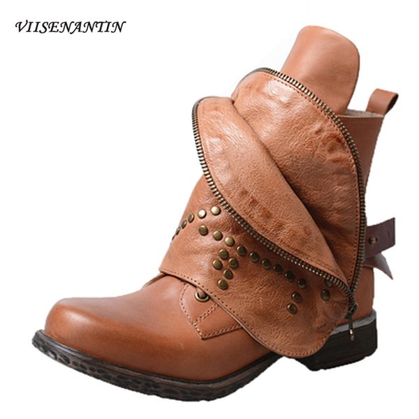 

women short boots brown genuine leather rivets folded leather retro boots round toe squared heel boot, Black
