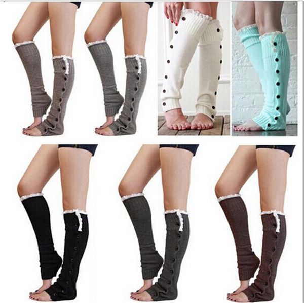 

solid warm knitting leg sleeves knee high socks knit boot cuffs foot warmers long stockings women ladies button lace booties sleeves e9102, Pink;yellow