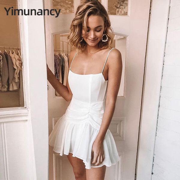 

yimunancy straphetti strap dress women sleeveless pleated dress 2020 spring white black ladies party vestidos robes, Black;gray