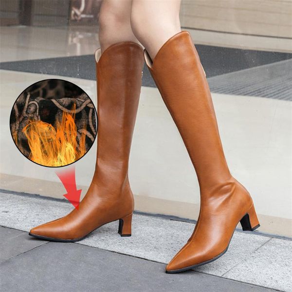 

plus size 34-48 women's boots casual fashion pointed toe mid heel boots women leather knee high long fur shoes, Black