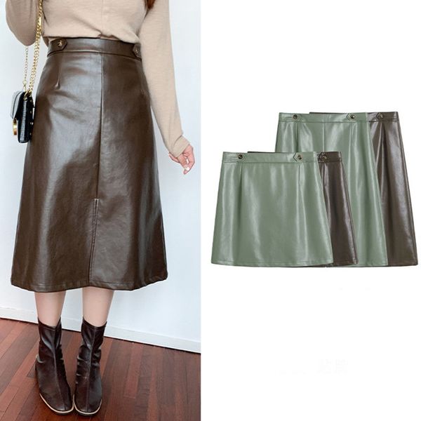 

skirts women skirt fashion pu leather plus size high waist a-line elegant spring autumn wear 3xl 4xl, Black