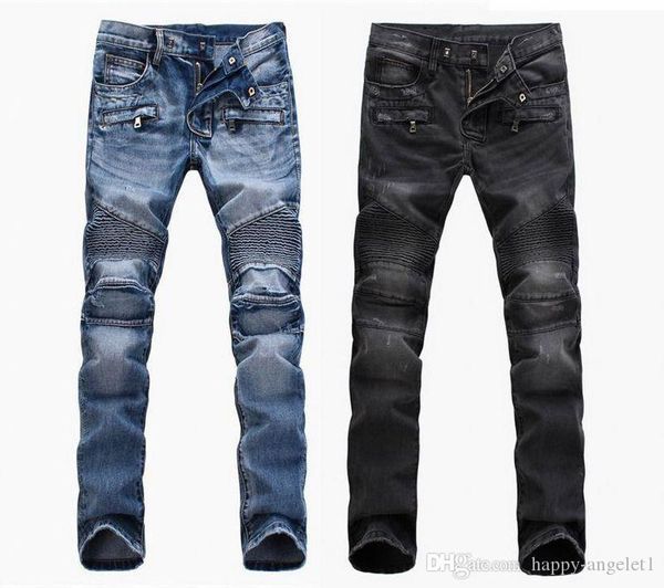 

Fashion Men's foreign trade light blue black jeans pants motorcycle biker men washing to do the old fold men Trousers Casual Runway Denim