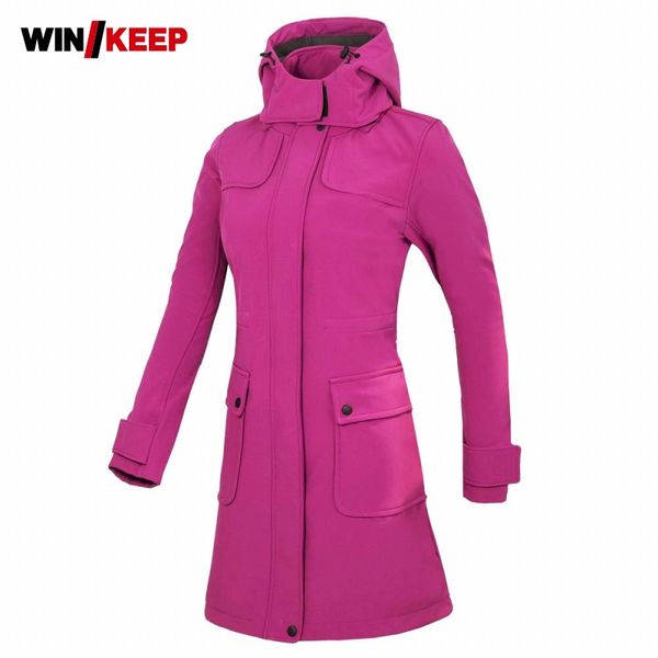 

new winter women long softshell jacket hoody hiking camping outwear fleece jacket ladies fitness windbreaker sports long coats, Blue;black