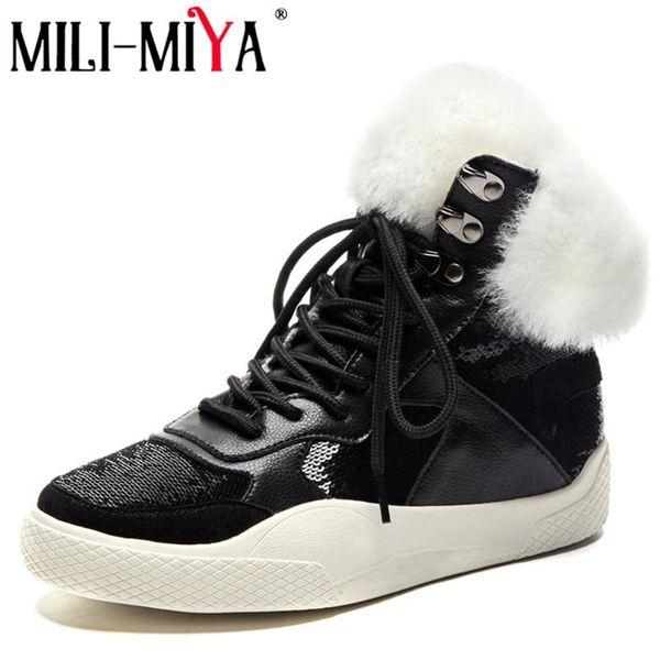 

bling bling genuine leather women snow boots winter warm ankle boots flat platform femal shoes black white big size 35-42