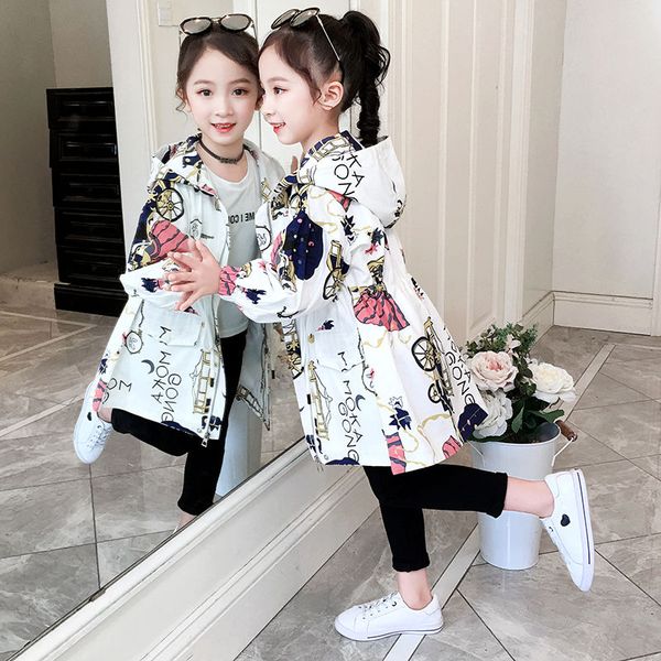

big girls korean graffiti floral print trench coat for children girls school clothing jacket windbreaker ouertwear new autumn, Blue;gray