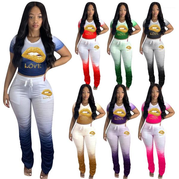 

поставлено tracksuit с коротким рукавом crew neck тонкий tshirt узелок вынесенную брюки famale спортивный костюм женщины губы градиент, Gray
