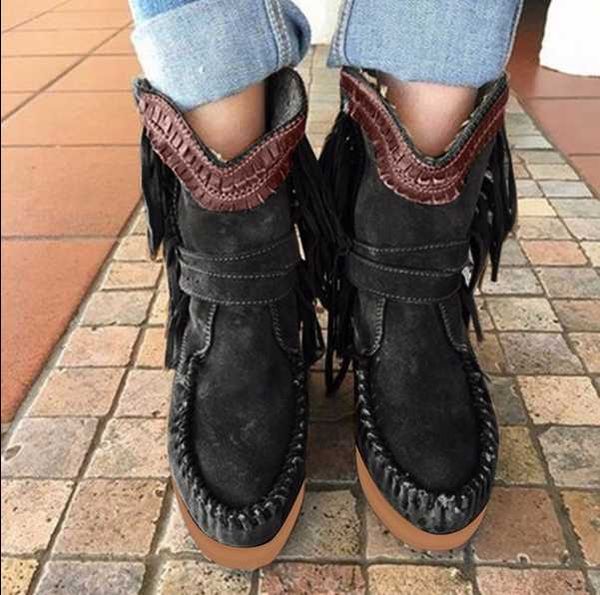 

2020 new retro autumn flat platform western boots comfy flat low heel boots women elegant fringe ankle shoes woman botas mujer, Black