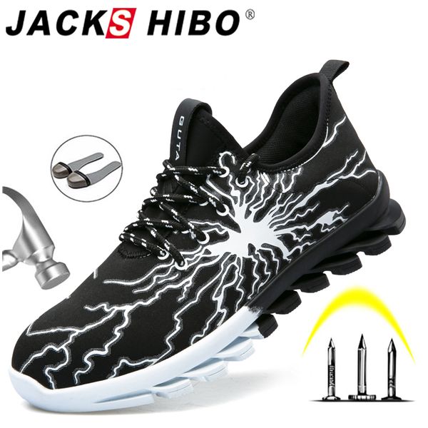 

jackshibo breathable work safety shoes for men anti-smashing steel toe cap working boots construction safety work sneakers shoes, Black