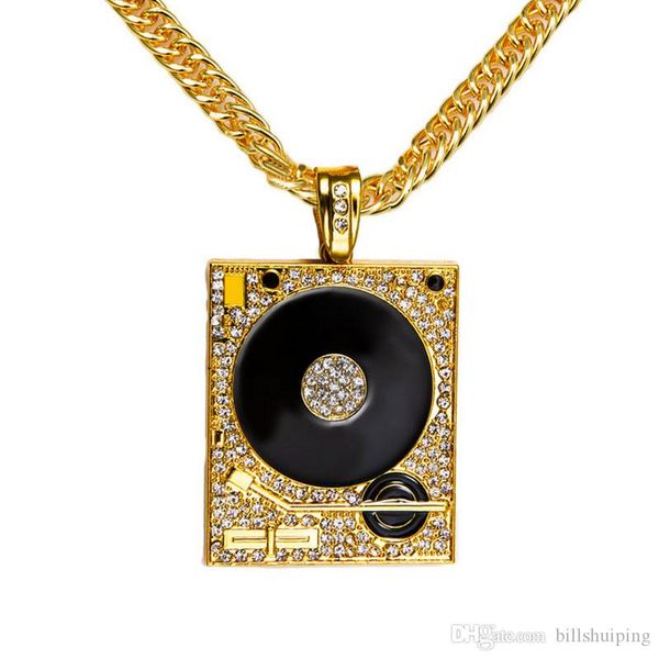 

new iced out crystal dj phonograph pendant necklace with cuban chain men women hip hop music rock rap bling jewelry, Silver