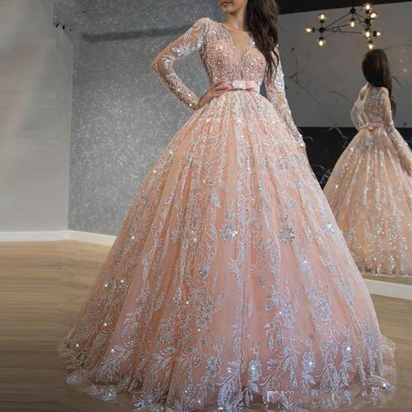 

2020 Sparkly Pink Quinceanera Dresses Sequin Lace Ball Gown Prom Dresses Jewel Neck Long Sleeve Sweet 16 Dress Long Formal Evening Wear