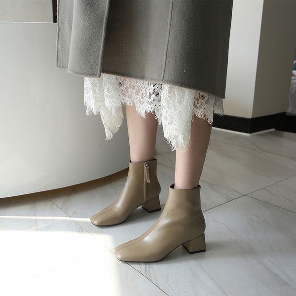 

boots classic design genuine leather winter back zipper elegant square toe high heels pumps wedding party shoes woman, Black