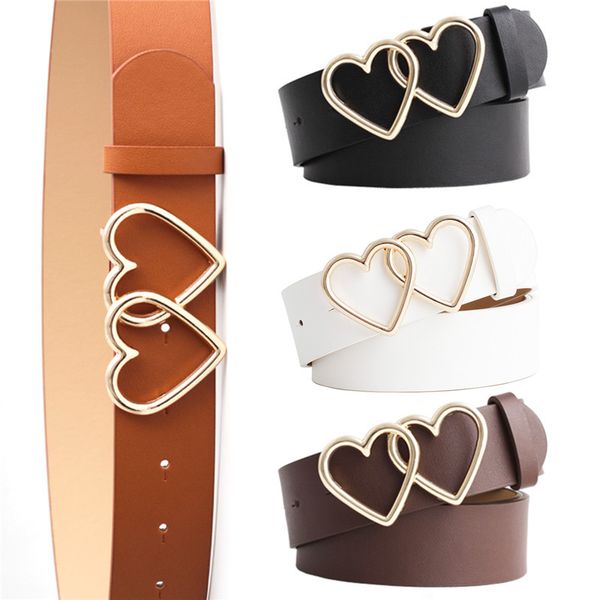 

jovivi ladies pu leather belt metal buckle heart pin fashion belts double ring women casual belt for dress jeans wild waistband, Black;brown