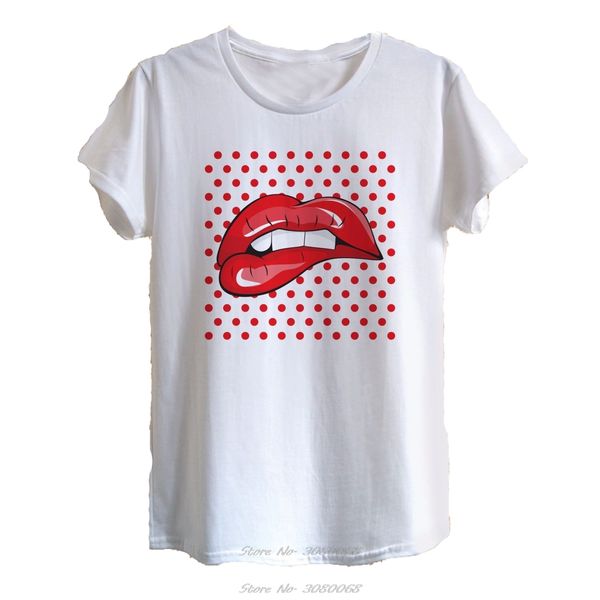 

dots red lips biting retro pop art t-shirt design quality cotton women hip hop novelty t shirts men's brand clothing