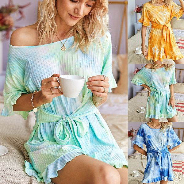 

2020 summer ruffles loose women playsuits fashion casual o-neck lace up knitted playsuits, Black;white