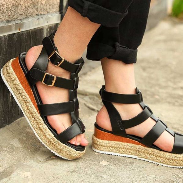 

platform sandals women wedge high heels shoes women buckle leather summer woman shoes wedges woman sandal, Black