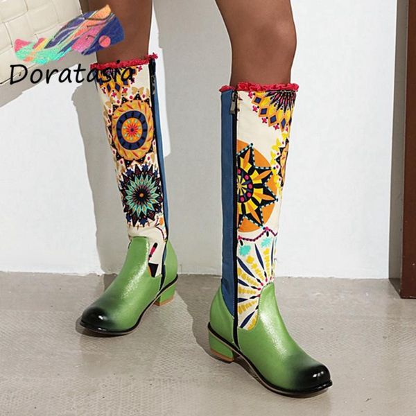 

doratasia fashion mixed-color knee high shoes 2020 med chunky heels boots women new arrival novelty brand print boots, Black