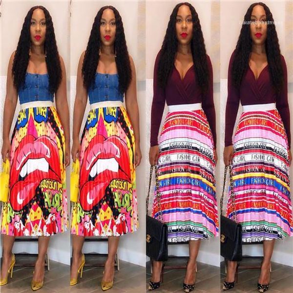 

skirts mid calf pleated spring summer designer ladies street style new dresses females fashion clothes womens red lips letters printed, Black