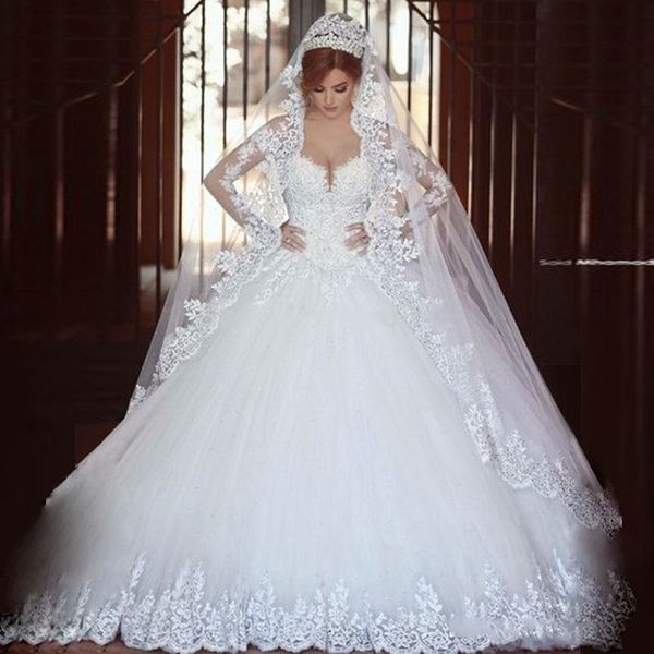 

luxury white tulle ball gown wedding dresses with illusion long sleeves off shoulder lace appliques train bridal gowns vestidos de novia