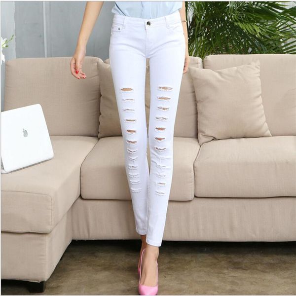 

women jeans trouser white black cotton ultra stretch pull-on skinny pencil denim pants black white 32 30 29 28, Blue