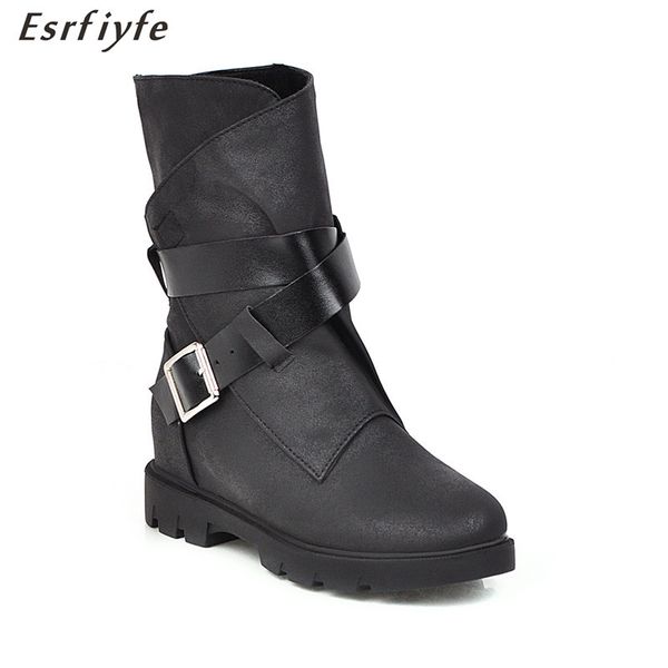 

esrfiyfe 2020 autumn winter mid-calf women boots thick heels platform warm plush pu leather boots knee high, Black