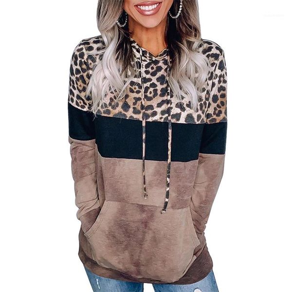 

contrast color long sleeve big pockets sweatshirts casual ladies clothing autumn womens designer hoodie leopard printed, Black