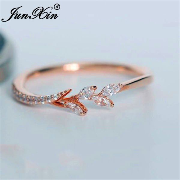 

junxin wheat flower rings for women white/rose gold color minimalist stacking dainty wedding thin ring small cz prom jewelry, Golden;silver