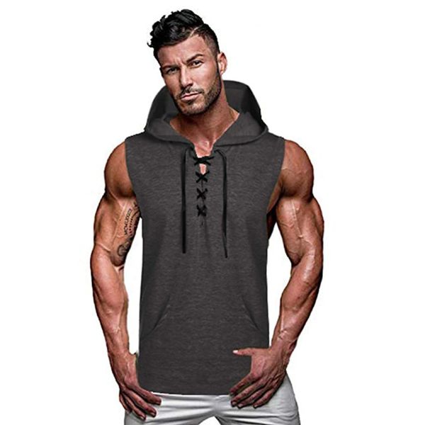 

Fashion Hooded Tank Tops Sports Bodybuilding Muscle Cut Off T Shirt Men's Sleeveless Gym Hoodies T-shirt Hip Hop lace-up Tee T-Shirts, Gray