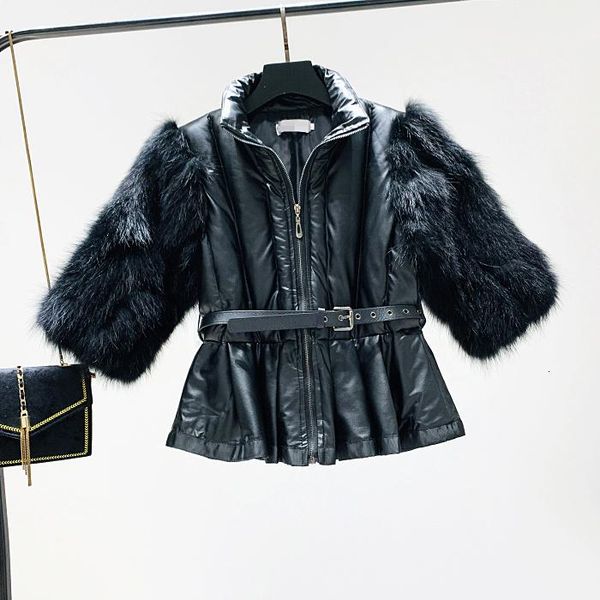 

autumn winter three quarter sleeve faux fake fur pu leather down jacket coat for women fashion ladies coats jackets outerwear t191108