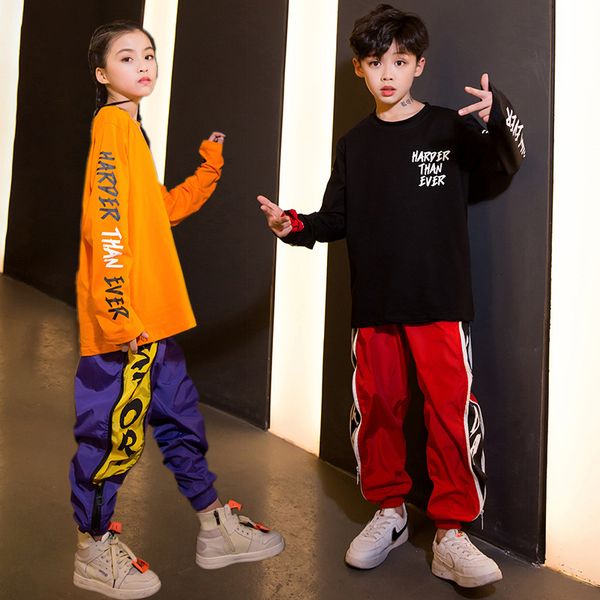 

kid fashion hip hop clothing oversized long sleeve t shirt casual pants for girls boy jazz dance costume clothes street wear, Black;red