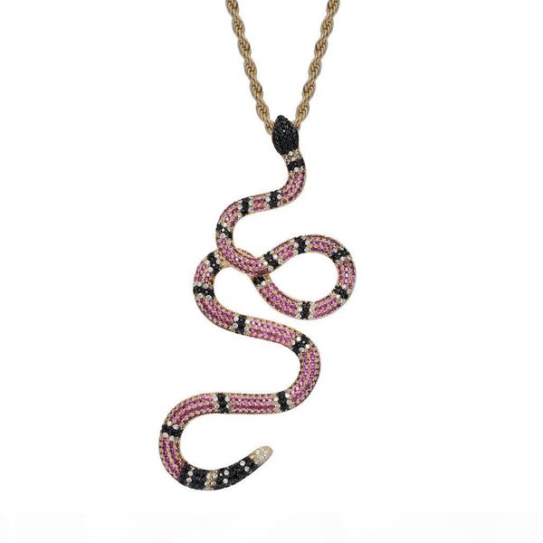 

cubic zirconia colorful snake pendant necklace with rope chain micro paved gold silver punk hip hop jewelry