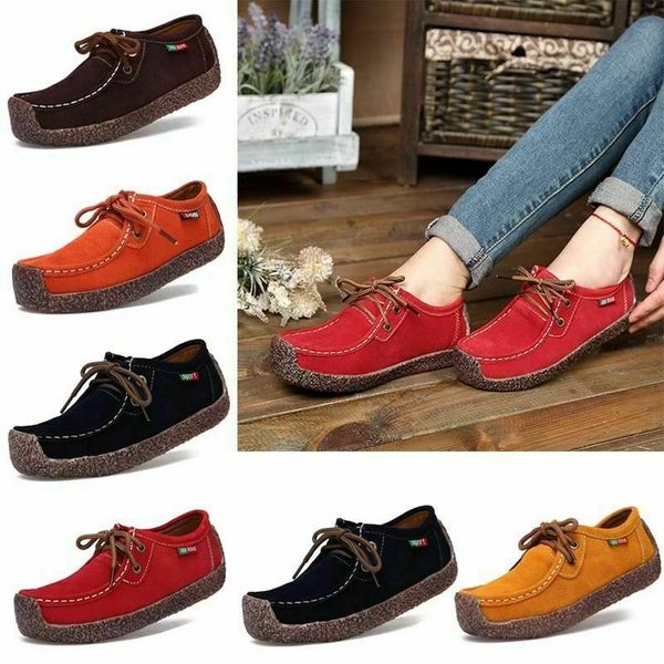 

nis women ladies suede leather lace-up flats boat casual shoes moccasin comfy slip on daily outdoor walking office shoes, Black
