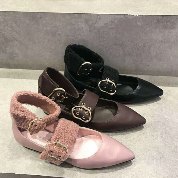 

casual woman shoe korean shoes female footwear pointed toe women's ballerinas loafers fur metal chain 2020 dress cross ballet, Black