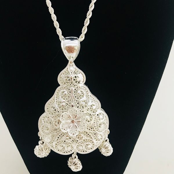 

dubai silver color big pendant necklace for women moroccan wedding jewelry double layer hollow flowers pattern chain