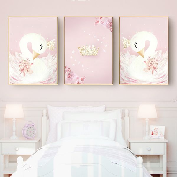 

baby girl nursery wall art canvas painting pink swan cartoon posters nordic kids decoration pictures children bedroom decor