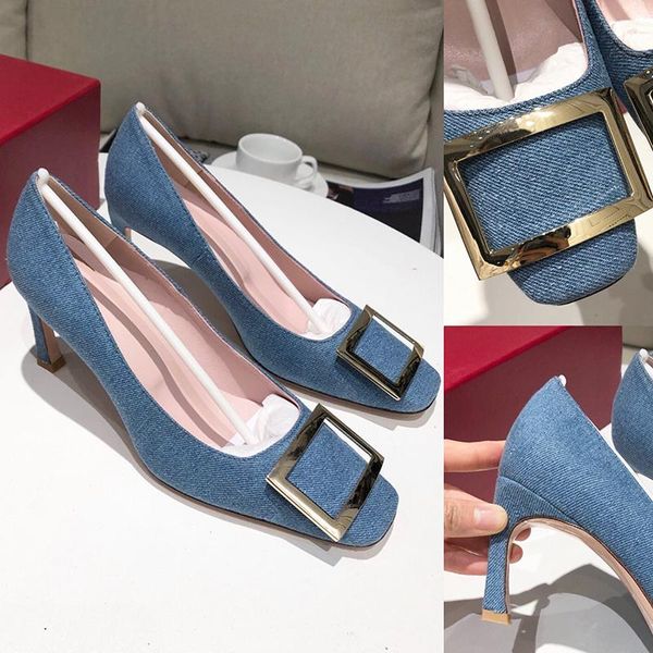 

2020 new fashion womens shoes high heels 7cm with sequined hi-q soft blue denim square buckle leather soles office women shoes, Black