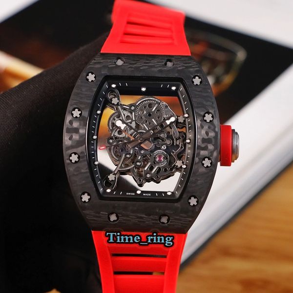 

version rm-055 skeleton dial ntpt carbon fiber case japan miyota automatic movement rm-055 mens watch red rubber strap designer watches, Slivery;brown