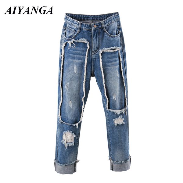 

2020 spring jean boyfriend jeans for women fashion ripped jeans women plus size denim pants hole trousers casual pant female, Blue