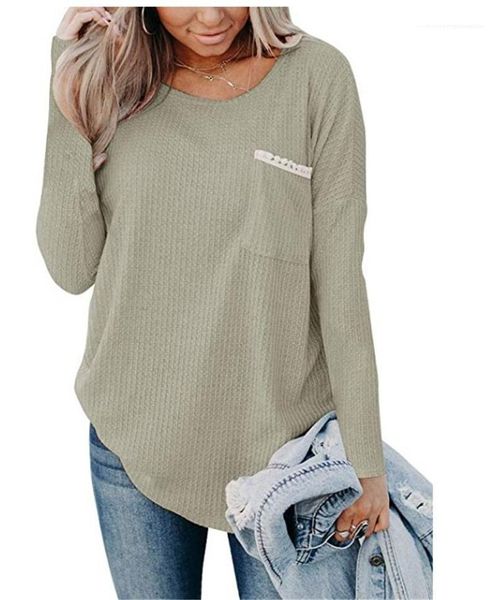 

solid color printed crew neck pocket design knitted casual womens clothing loose autumn winter designer womens tshirts, White
