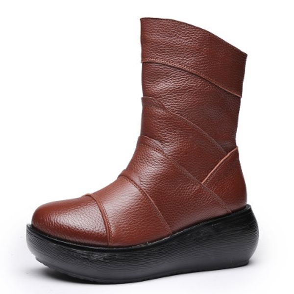 

2020 women's boots winter new all-match leather mid-tube wedge with round toe thick bottom plus velvet plus size women's boots, Black