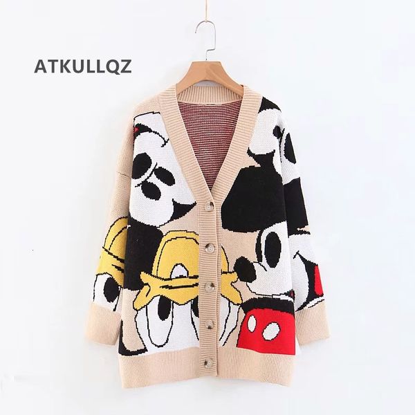 

atkullqz women's knitted coat 2019 autumn and winter new ins lazy wind v-neck cartoon pattern sweater cardigan women, White;black