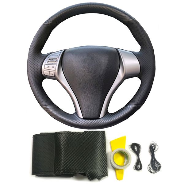 

carbon fiber leather diy hand sewing braid on steering wheel cover for x-trail t32 teana altima 2013-2020 accessories
